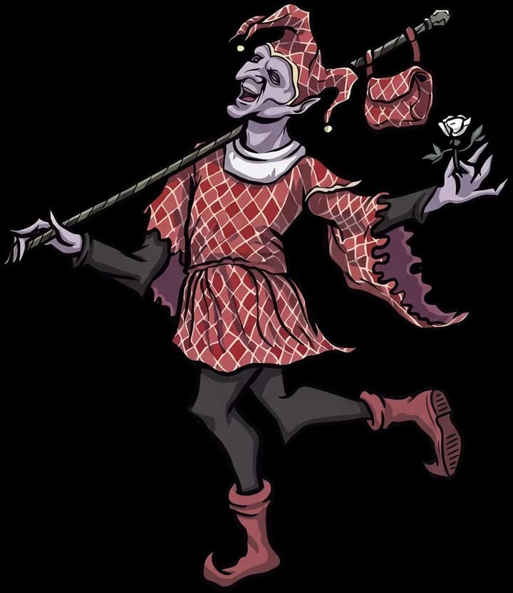 THE FOOL: a grinning jester in a red harlequin tunic, a bindle on his shoulder and a white rose in his hand
